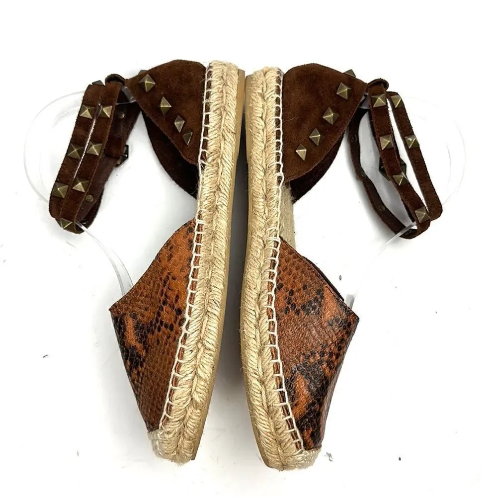ASH Spain Rockstud Leather Suede Flat Espadrilles Brown Piton Print 37 US 6,5